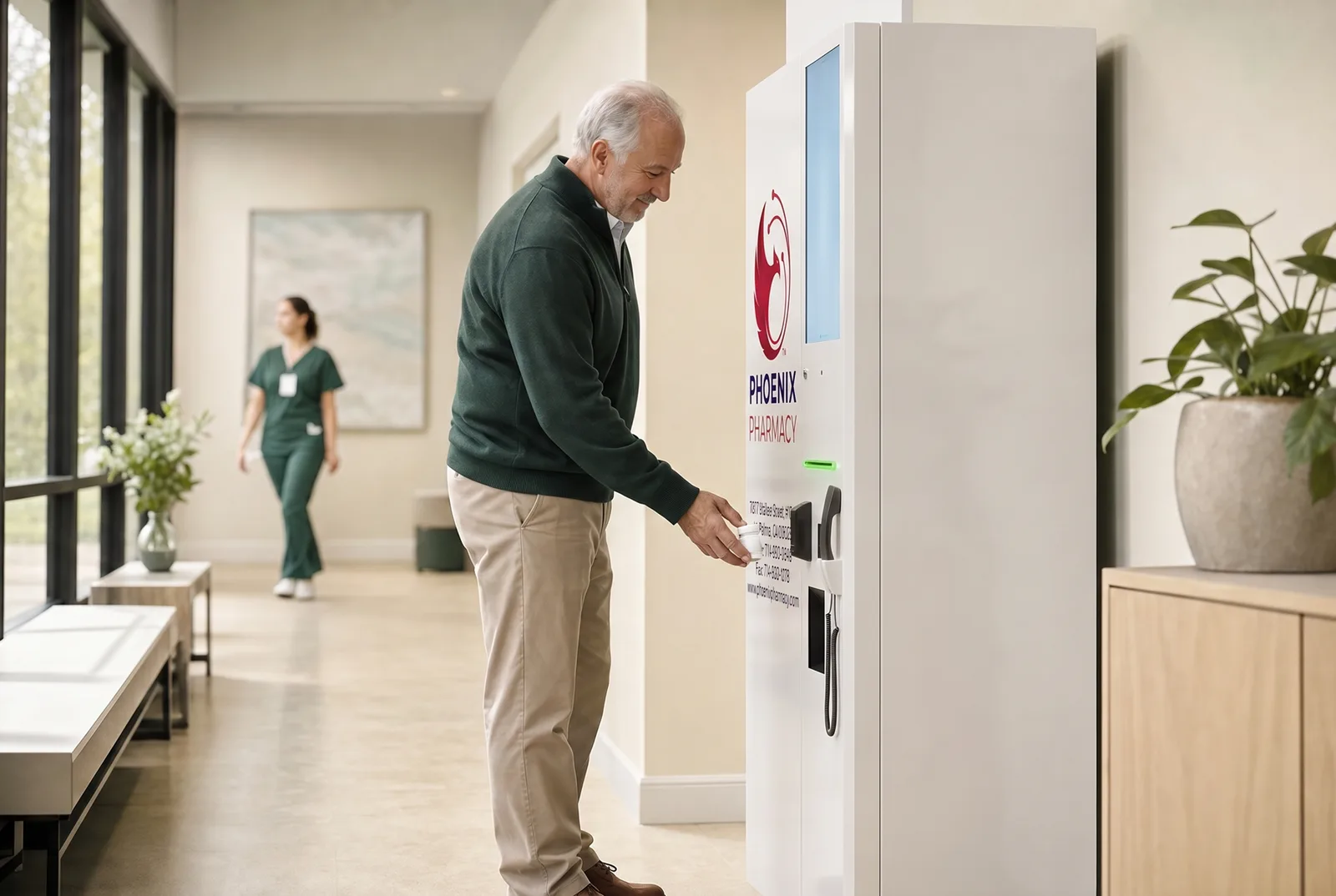 A patient collecting medication from a Phoenix Rx Kiosk in a clinic hallway
