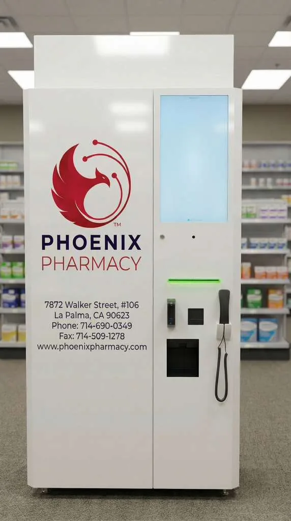 A white Phoenix Pharmacy kiosk with the La Palma store address on its front panel